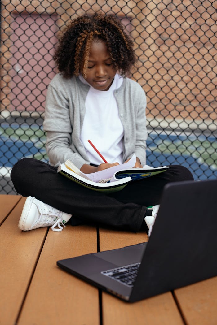 about-us-01 Attentive ethnic schoolchild taking notes on paper while sitting with crossed legs near netbook and doing homework